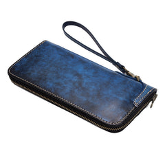 Blue Wristlet Leather Wallets Handmade Zipper Long Wallets For Men