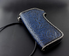 Tooled Handmade Blue Leather Men's Chain Wallet Motorcycle Wallet Long Wallet with Chain For Men - iwalletsmen