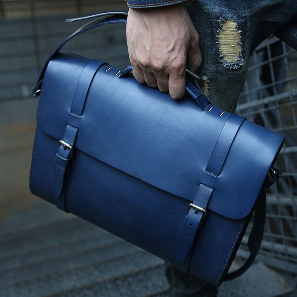 Blue Leather Mens Briefcase Messenger Bag Handbag Shoulder Bag for men - iwalletsmen