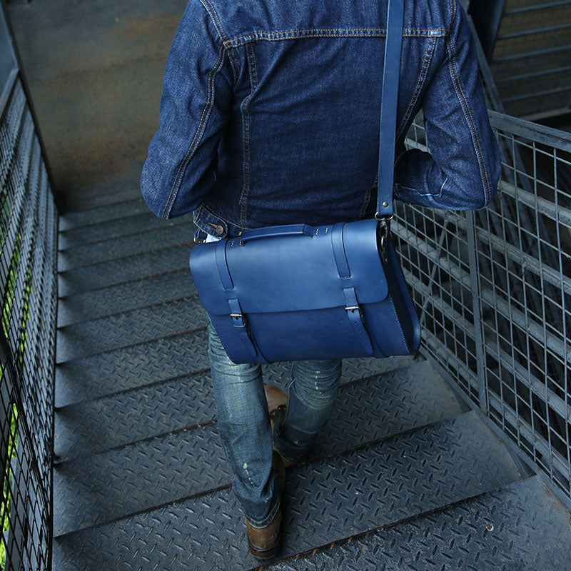 Blue Leather Mens Briefcase Messenger Bag Handbag Shoulder Bag for