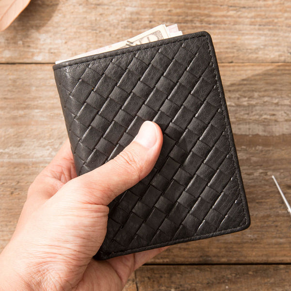 Braided Leather Mens Small Wallets Bifold Slim Front Pocket Wallet for Men - iwalletsmen
