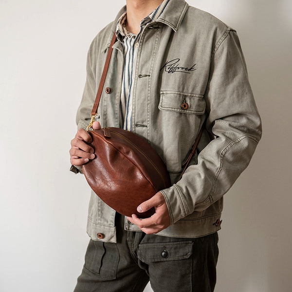 Brown American Football Leather Shoulder Bag Men's Crossbody Football Bag For Men