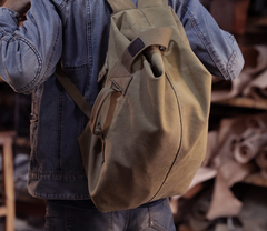 Khaki Canvas Mens Large Backpack Travel Backpack Canvas Barrel Backpack Bucket Backpack For Men - iwalletsmen