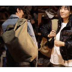 Khaki Canvas Mens Large Backpack Travel Backpack Canvas Barrel Backpack Bucket Backpack For Men - iwalletsmen