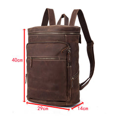 Brown Leather Men's 14 inches Large Barrel Computer Backpack Cylinder Travel Backpack Large College Backpack For Men - iwalletsmen