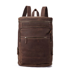 Brown Leather Men's 14 inches Large Barrel Computer Backpack Cylinder Travel Backpack Large College Backpack For Men - iwalletsmen