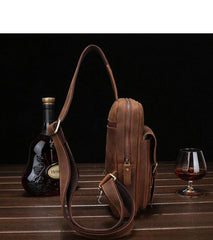 Brown Cool LEATHER MENS Sling Bags One Shoulder Backpack Dark Coffee Chest Bag For Men - iwalletsmen