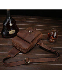 Brown Cool LEATHER MENS Sling Bags One Shoulder Backpack Dark Coffee Chest Bag For Men - iwalletsmen