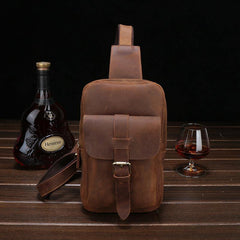 Brown Cool LEATHER MENS Sling Bags One Shoulder Backpack Dark Coffee Chest Bag For Men - iwalletsmen