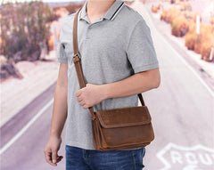 Brown Cool Leather Small Messenger Bag Satchel Postman Bag Coffee Side Bag Courier Bag For Men - iwalletsmen