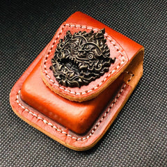 Black Handmade Leather Mens Indian Skull Zippo Lighter Holders Lighter Case For Men - iwalletsmen