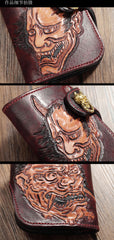 Brown Handmade Tooled Hannya Leather Mens Small Bifold Biker Wallet billfold Wallet For Men - iwalletsmen