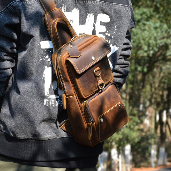 Best Brown LEATHER MENS Sling Bag Vintage One Shoulder Backpack Top Chest Bag For Men