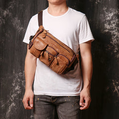 Brown Large Leather Mens Fanny Packs Barrel Bum Bags Large Waist Bag for Men