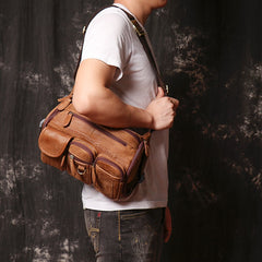 Brown Large Leather Mens Fanny Packs Barrel Bum Bags Large Waist Bag for Men