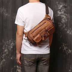 Brown Large Leather Mens Fanny Packs Barrel Bum Bags Large Waist Bag for Men