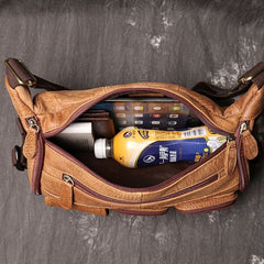 Brown Large Leather Mens Fanny Packs Barrel Bum Bags Large Waist Bag for Men
