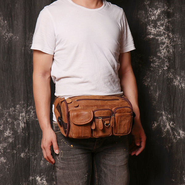 Brown Large Leather Mens Fanny Packs Barrel Bum Bags Large Waist Bag for Men