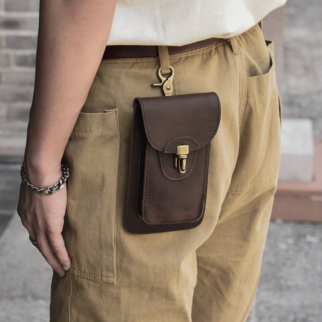 Brown Leather Cell Phone Holster Mens Belt Pouch Leather Waist Bag