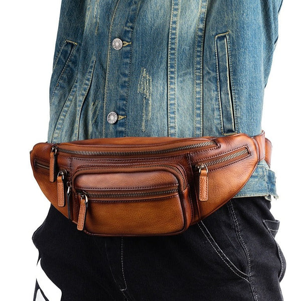 Brown Leather Compact Fanny Packs Waist Bags Mens Sling Packs Bum Bags for Men