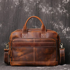 Brown Leather Men 14 inches Vintage Briefcase Handbag Dark Coffee Laptop Handbag Side Bag For Men - iwalletsmen