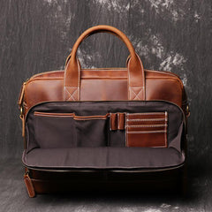 Brown Leather Men 14 inches Vintage Briefcase Handbag Dark Coffee Laptop Handbag Side Bag For Men - iwalletsmen