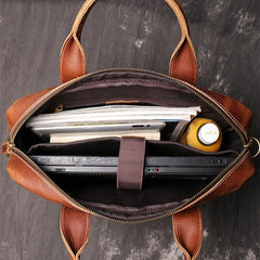 Brown Leather Men 14 inches Vintage Briefcase Handbag Dark Coffee Laptop Handbag Side Bag For Men - iwalletsmen