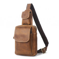 Brown Leather Men's Chest Bag Sling Bag Brown One shoulder Backpack Sling Pack For Men