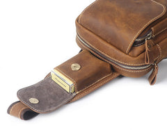 Brown Leather Men's Chest Bag Sling Bag Brown One shoulder Backpack Sling Pack For Men