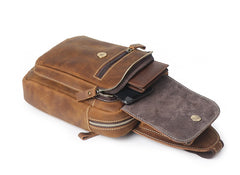 Brown Leather Men's Chest Bag Sling Bag Brown One shoulder Backpack Sling Pack For Men
