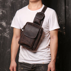 Brown Leather Men's Chest Bag Sling Bag Brown One shoulder Backpack Sling Pack For Men