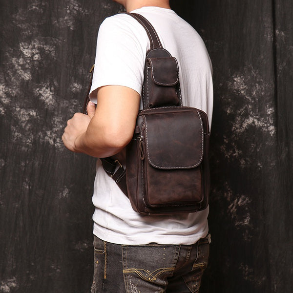 Brown Leather Men's Chest Bag Sling Bag Brown One shoulder Backpack Sling Pack For Men