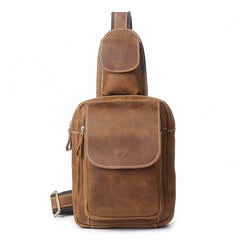 Brown Leather Men's Chest Bag Sling Bag Brown One shoulder Backpack Sling Pack For Men