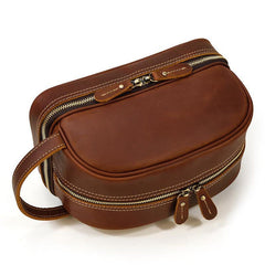 Brown Leather Men's Clutch Bag Double Zipped Wristlet Handbag Storage Bag For Men - iwalletsmen