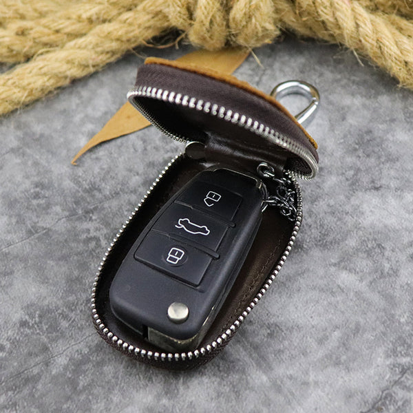 Brown Leather Men's Car Key and Oval Wallet Zipper Car Key Case Car Holder For Men - iwalletsmen