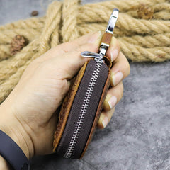 Brown Leather Men's Car Key and Oval Wallet Zipper Car Key Case Car Holder For Men - iwalletsmen