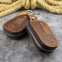 Brown Leather Men's Car Key and Oval Wallet Zipper Car Key Case Car Holder For Men - iwalletsmen