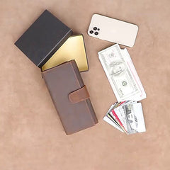 Brown Leather Men's Long Wallet Trifold Brown Multi Cards Wallet Long Wallet For Men