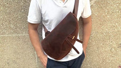 Brown Leather Men's Sling Bag Chest Bag Cool 10-inches One shoulder Backpack For Men