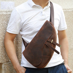Brown Leather Men's Sling Bag Chest Bag Cool 10-inches One shoulder Backpack For Men