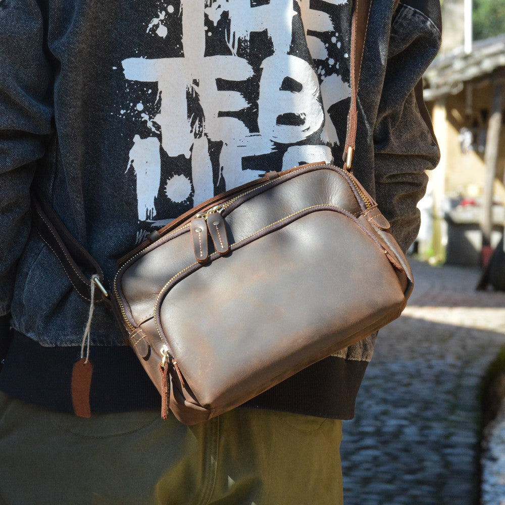 Brown Leather Men's Small Side Bag Best Vertical iPad Messenger Bag For Men