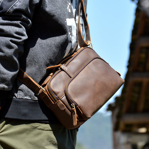 Brown Leather Men's Small Side Bag Best Vertical iPad Messenger Bag For Men