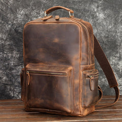 Brown Leather Men's Travel Backpack School Backpack 14‘’ Laptop Backpack For Men