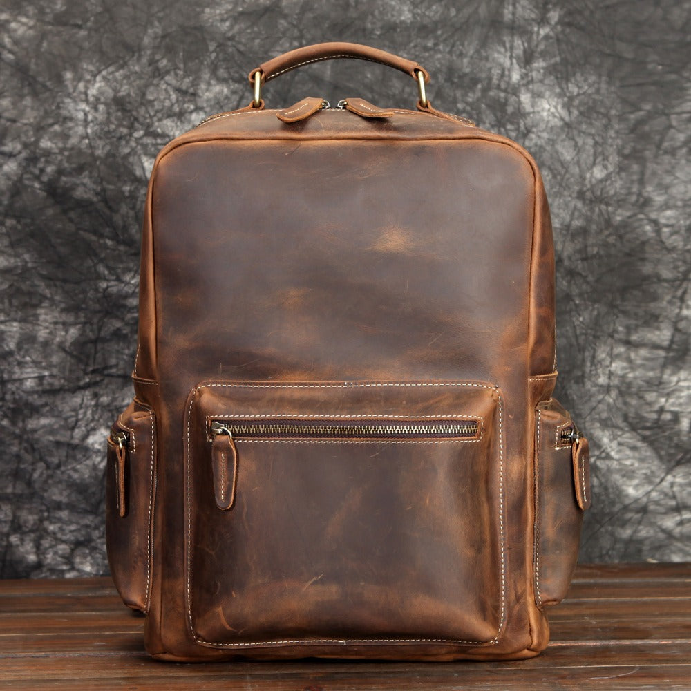 Brown Leather Men's Travel Backpack School Backpack 14‘’ Laptop Backpack For Men