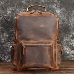 Brown Leather Men's Travel Backpack School Backpack 14‘’ Laptop Backpack For Men