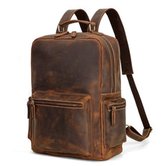 Brown Leather Men's Travel Backpack School Backpack 14‘’ Laptop Backpack For Men