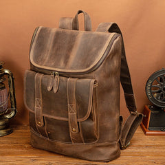 Brown Leather Men's Travel Backpack School Backpack College Backpack For Men