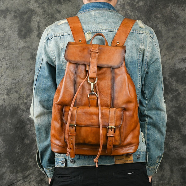 Brown Leather Mens Backpack 14'' Laptop Rucksack Vintage School Backpack For Men