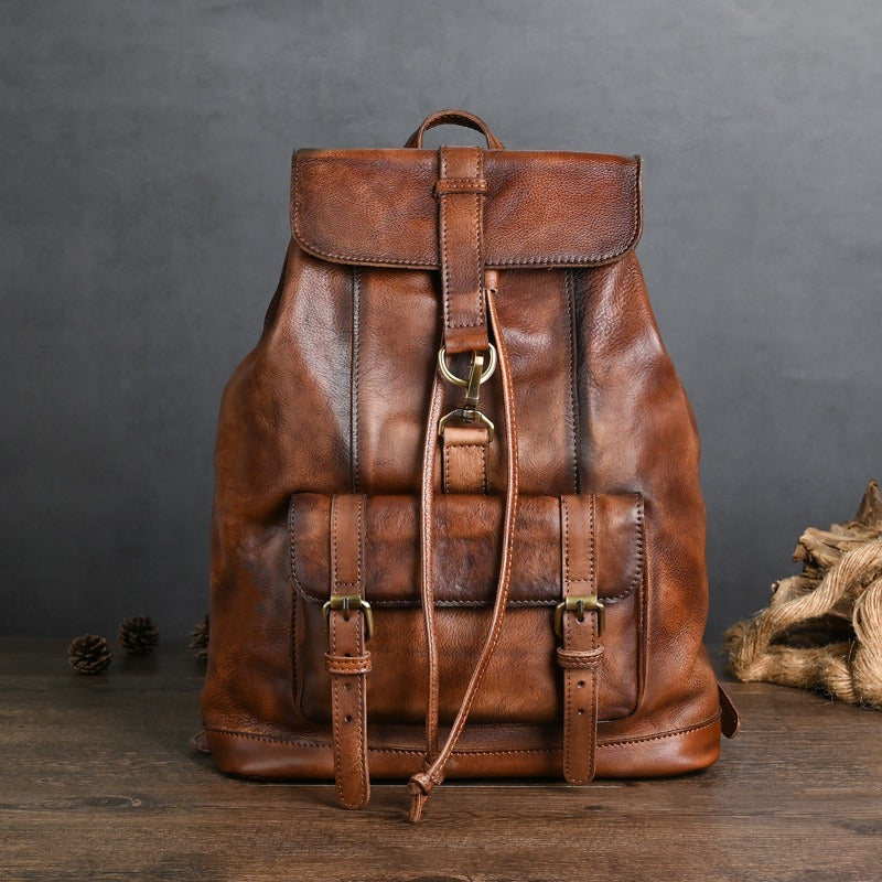 Brown Leather Mens Backpack 14'' Laptop Rucksack Vintage School Backpack For Men
