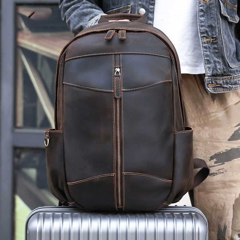 Coffee Leather Mens Backpack 15'' Laptop Rucksack Vintage Large School Backpacks For Men